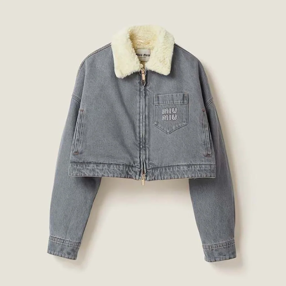 Miu Miu Embroidered Denim Blouson Jacket with Embroidered Logo for Women