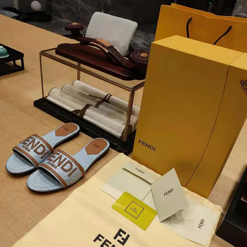 Fendi Signature Light Blue Denim Slides for Women