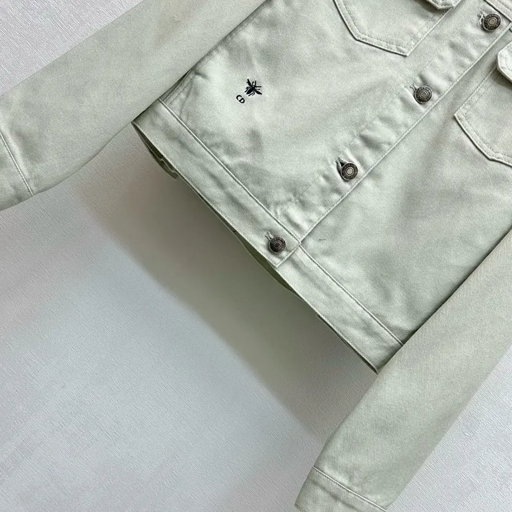 Dior Jacket Cotton Denim with Sage Green Dior Astral Flowers Motif for Women Dior Jacket Cotton Denim with Sage Green Dior Astral Flowers Motif for Women