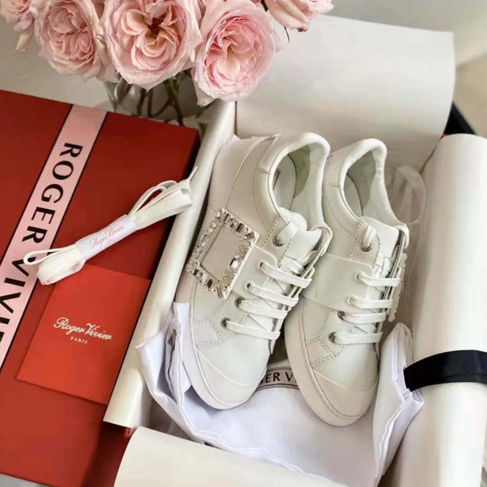 Roger Vivier Viv Skate Strass Buckle Sneakers in Soft Leather for Women in White