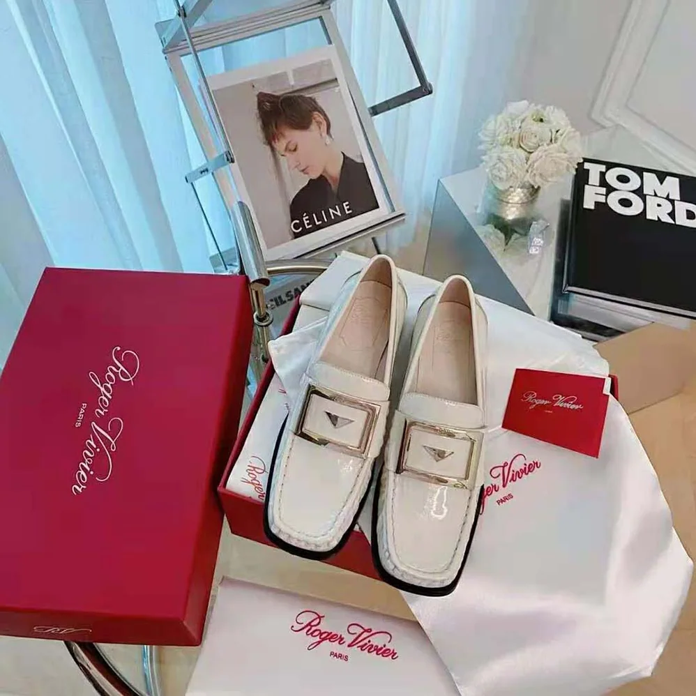 Roger Vivier Preppy Viv' Metal Buckle Loafers in Patent Leather for Women in White Roger Vivier Preppy Viv' Metal Buckle Loafers in Patent Leather for Women in White