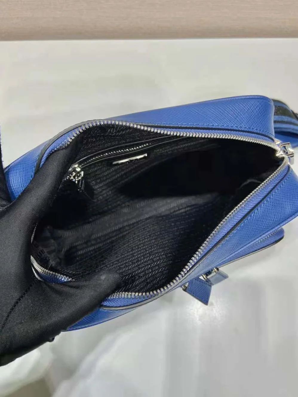 Prada Saffiano Leather Shoulder Bag With Iconic Prada Material for Men in Navy