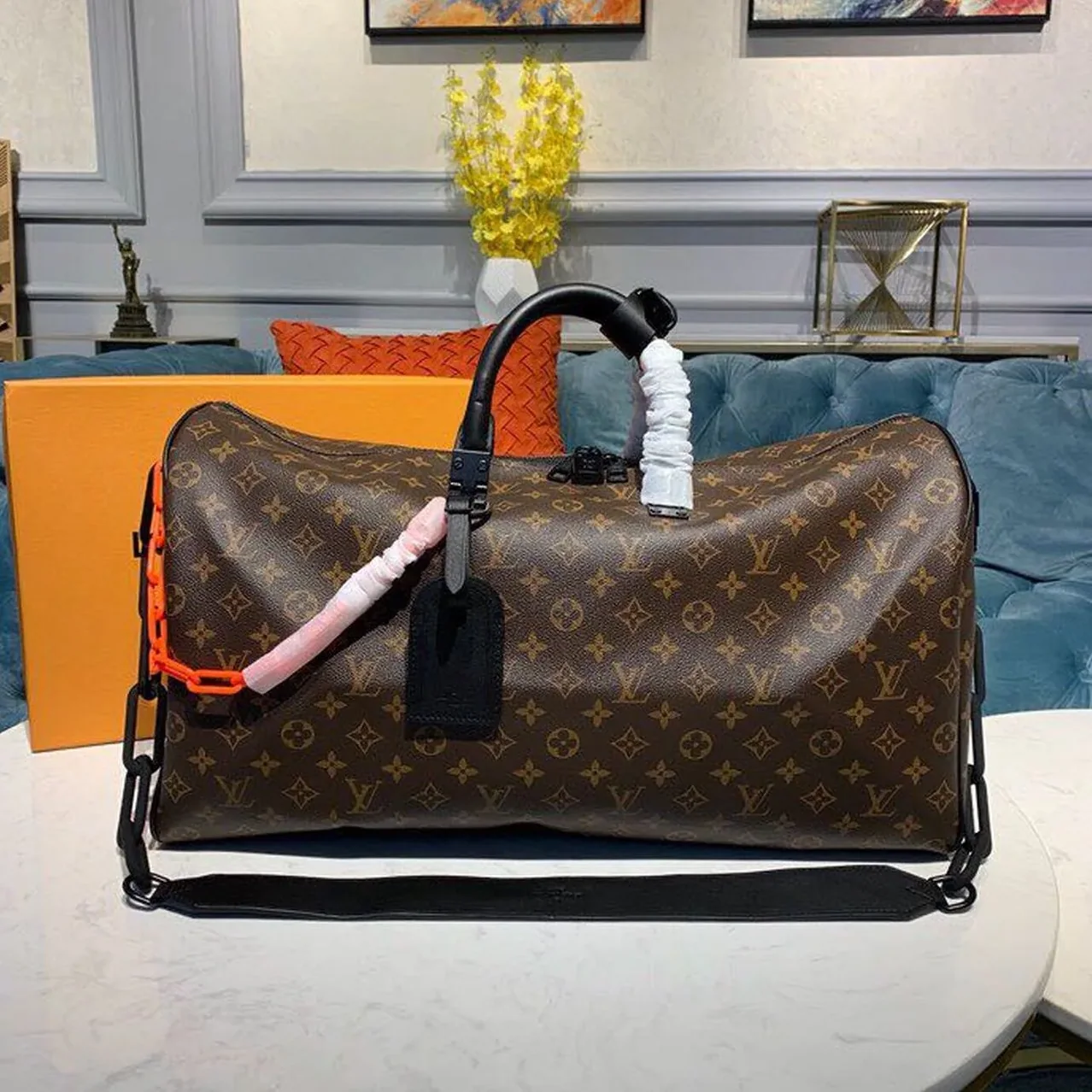 Louis Vuitton Keepall Bandouliere 50 Travel Bag / Black in Orange Monogram Black Hardware Louis Vuitton Keepall Bandouliere 50 Travel Bag / Black in Orange Monogram Black Hardware