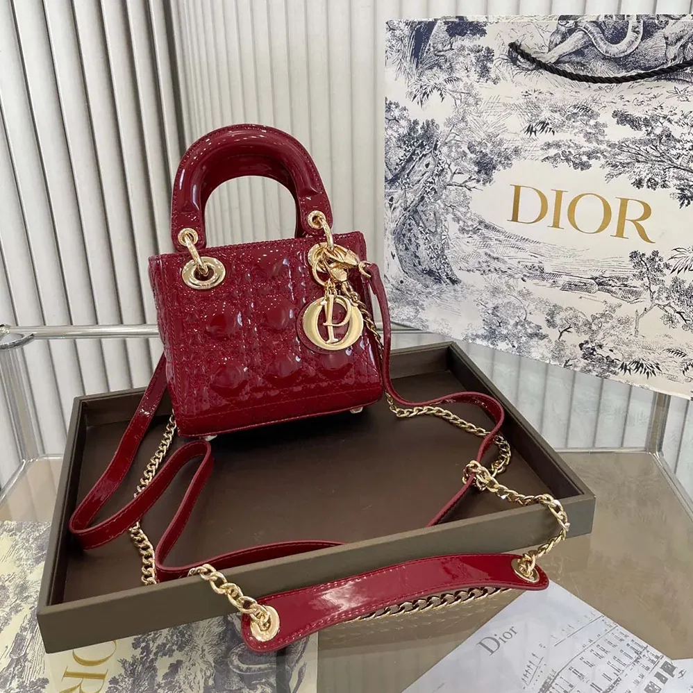 Dior Mini Lady Dior Bag Cherry Red Patent Cannage Calfskin for Women