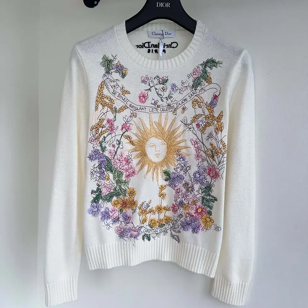 Dior Embroidered Sweater White Cashmere Knit with Multicolor Dior 4 Saisons Été Motif for Women