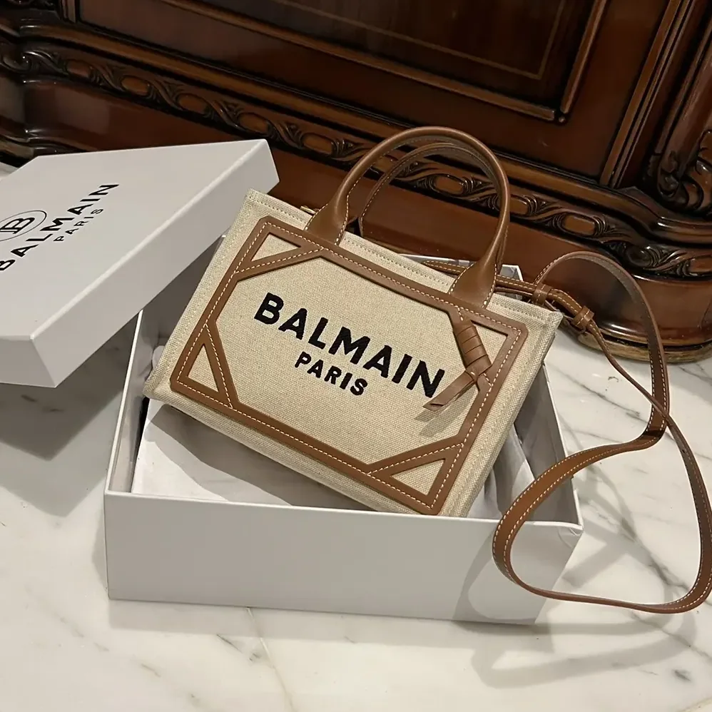 Balmain B-Army Small Canvas Shopping Bag with Leather Inserts for Women Balmain B-Army Small Canvas Shopping Bag with Leather Inserts for Women