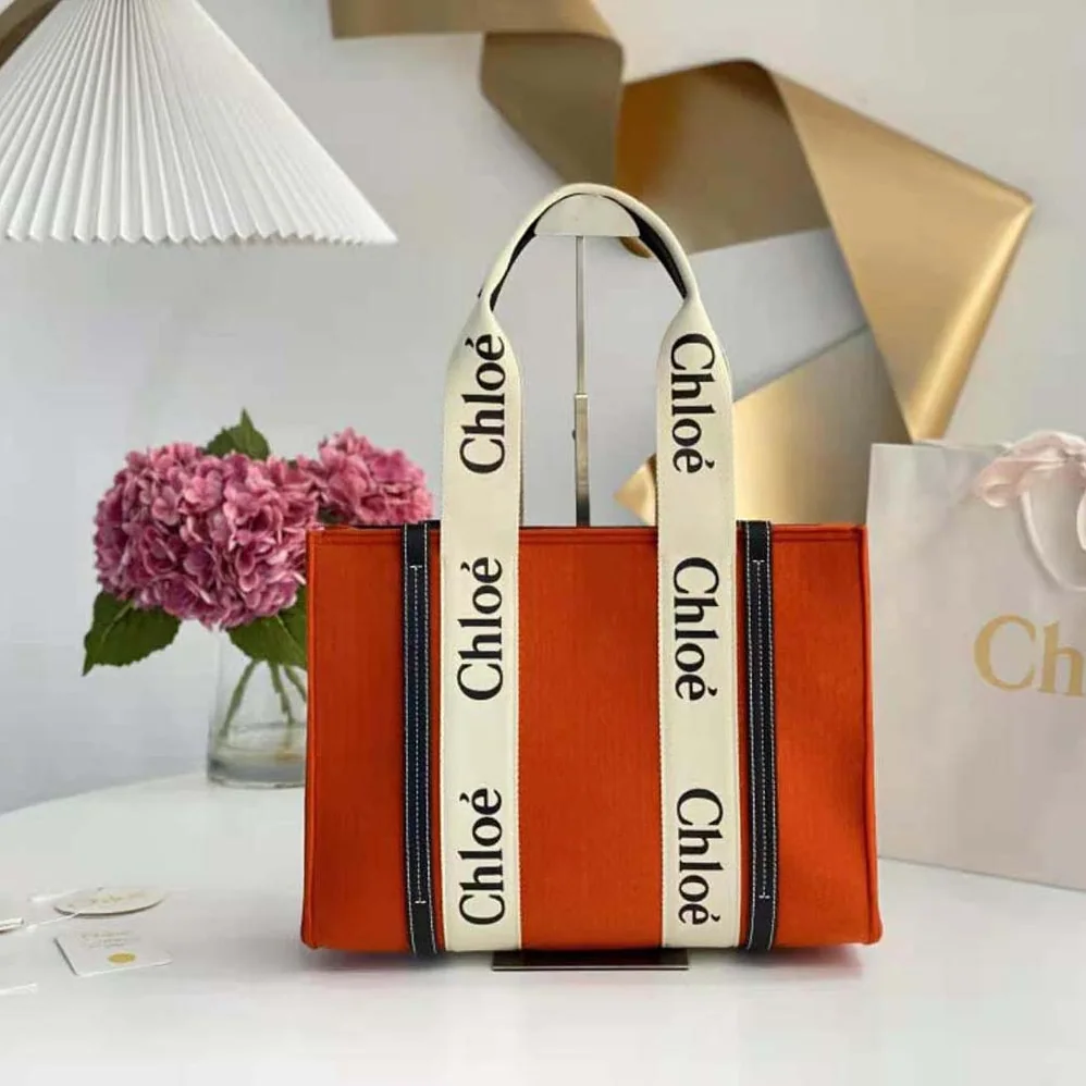Chloe Medium Woody Tote Bag in Recycled Felt and Shiny Calfskin for Women