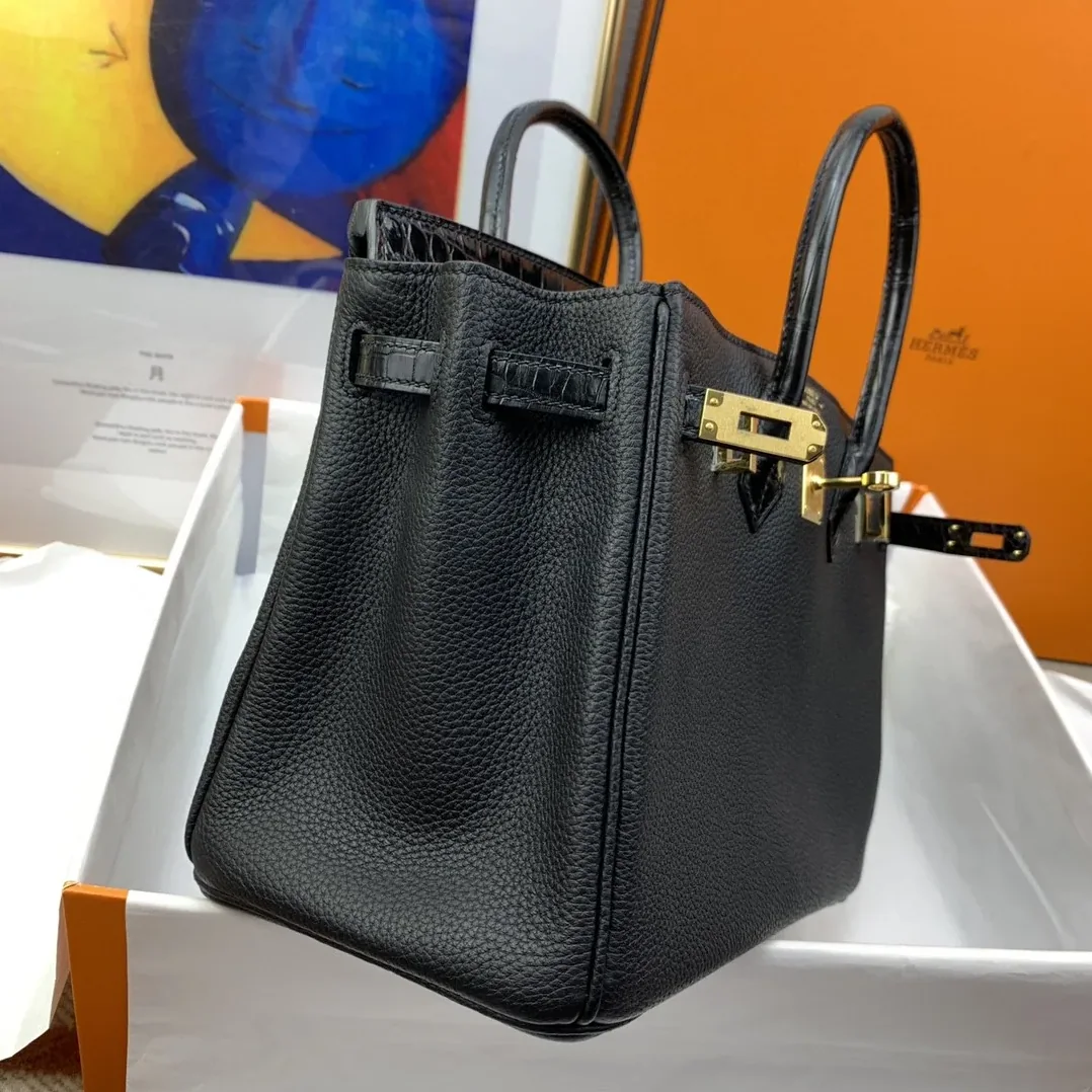 Hermes Birkin Top Handle Bag / Nata Togo Leather Black Gold Hardware