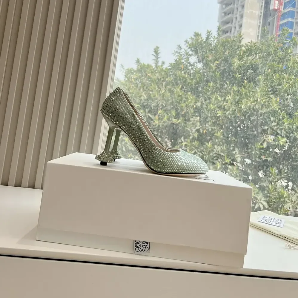 Loewe Toy Pump in Suede and Allover Rhinestones for Women in Lime Loewe Toy Pump in Suede and Allover Rhinestones for Women in Lime