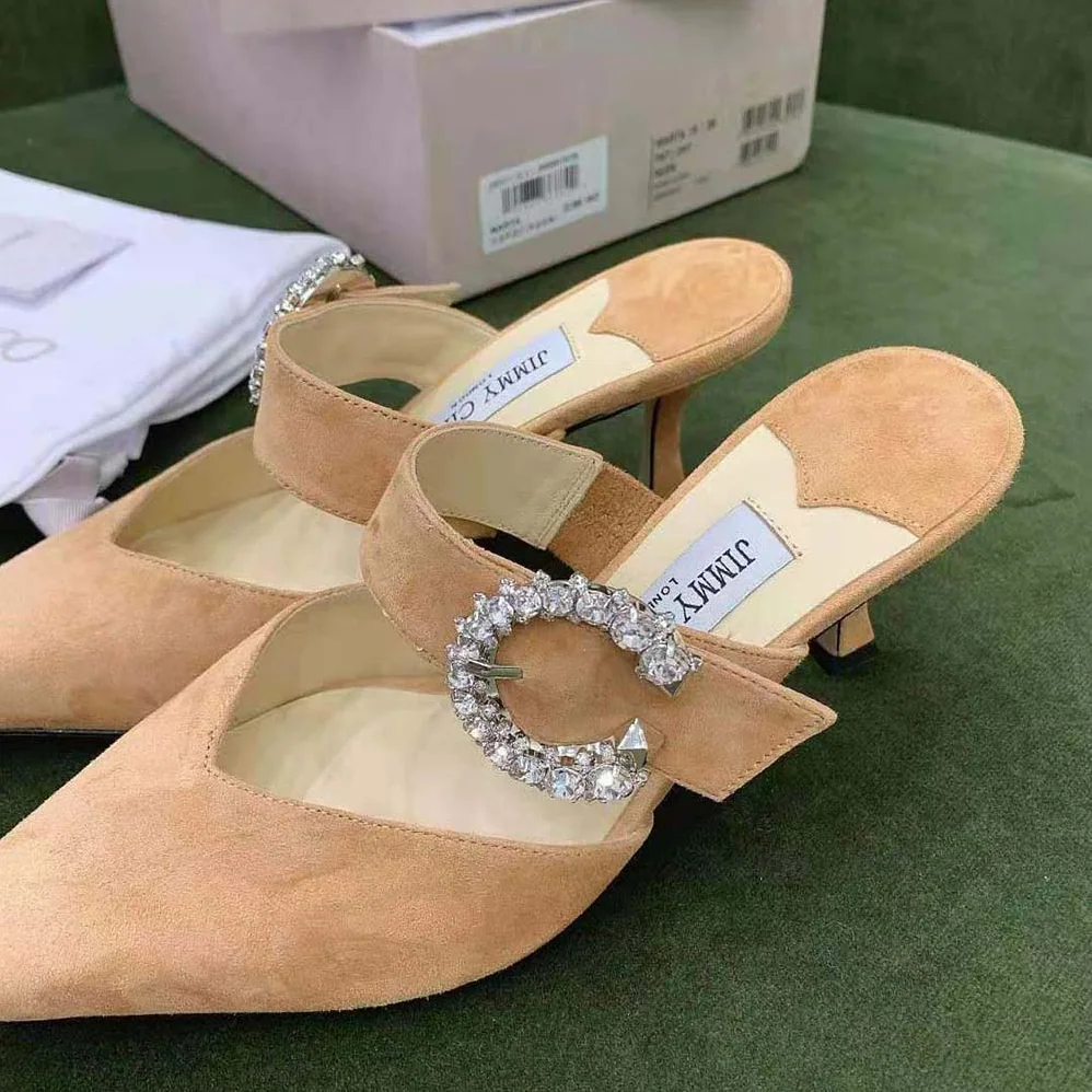 Jimmy Choo Marta 70 Caramel Suede Mules with Crystal Buckle for Women Jimmy Choo Marta 70 Caramel Suede Mules with Crystal Buckle for Women