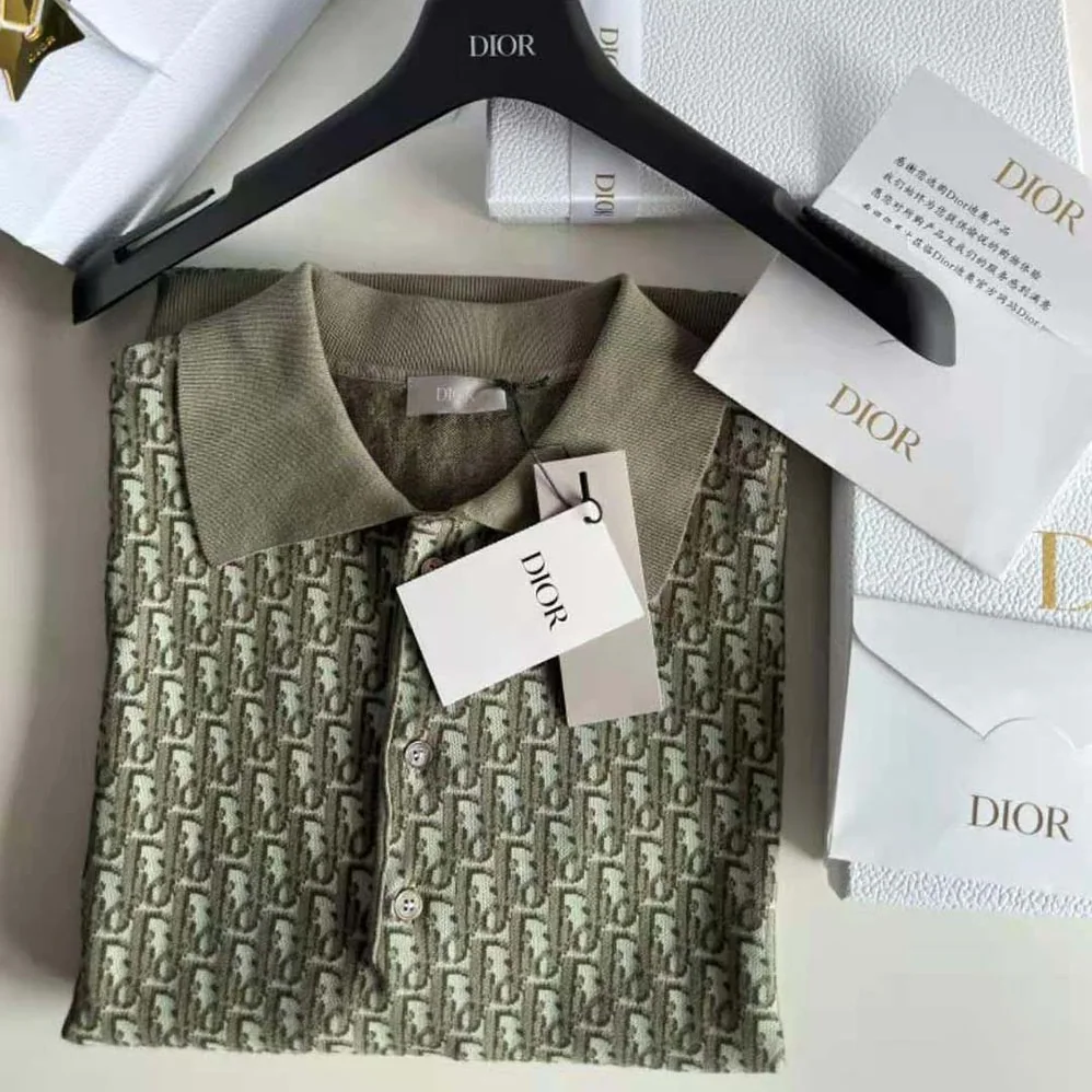 Dior Oblique Polo Shirt Khaki Cotton Jacquard for Men