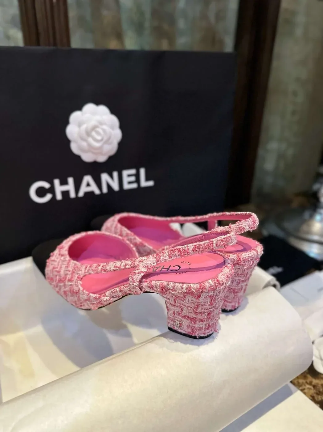 Chanel Woolen High Heel Slingback Sandals Pink Chanel Woolen High Heel Slingback Sandals Pink