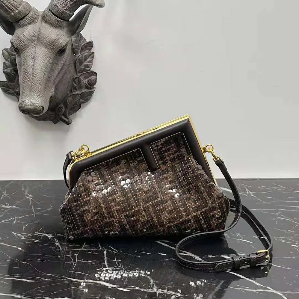 Fendi First Small Brown FF Jacquard Fabric Bag with Sequins for Women