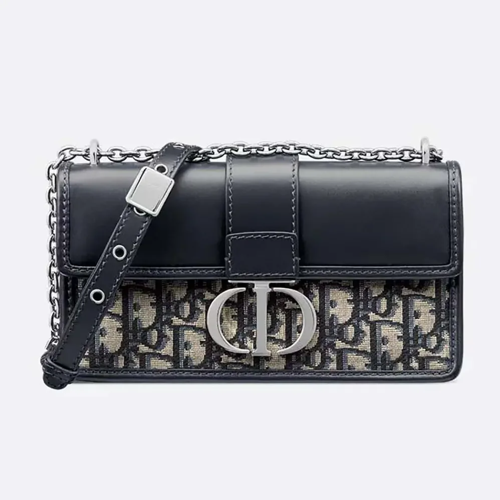 Dior 30 Montaigne East-West Bag with Chain Blue Dior Oblique Jacquard and Smooth Calfskin for Women