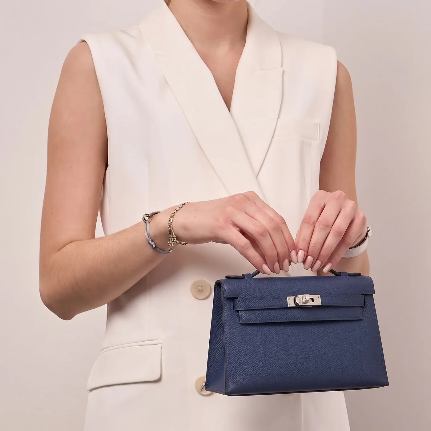 Hermes Kelly Pochette Top Handle Bag in Navy Epsom Palladium Hardware