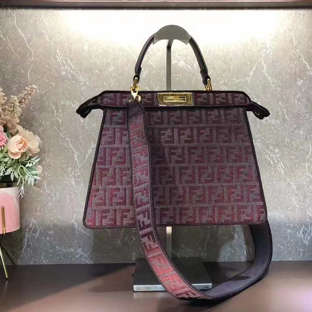 Fendi Peekaboo ISeeU Medium Maroon FF Tapestry Fabric Bag for Women Fendi Peekaboo ISeeU Medium Maroon FF Tapestry Fabric Bag for Women