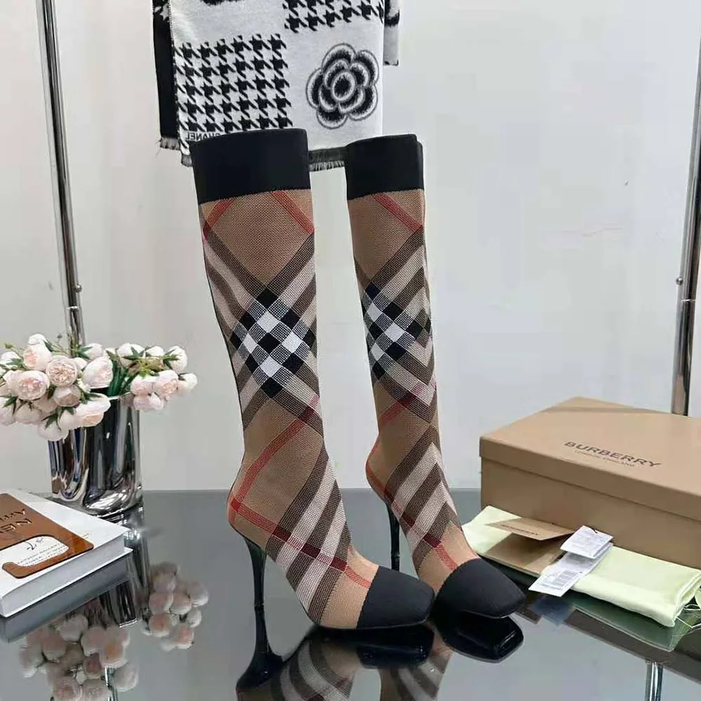 Burberry Knitted Check Sock Boots for Women in Brown