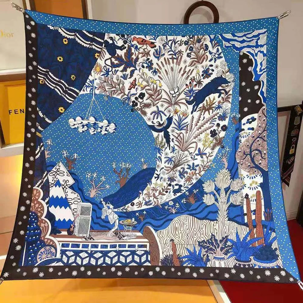 Hermes Le Premier Chant Scarf 90 in Silk Twill with Hand-Rolled Edges for Women in Blue Hermes Le Premier Chant Scarf 90 in Silk Twill with Hand-Rolled Edges for Women in Blue