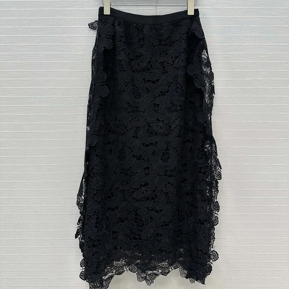 Dior Mid-Length Skirt Black Cotton-Blend Lace with Allover Butterfly Motif for Women