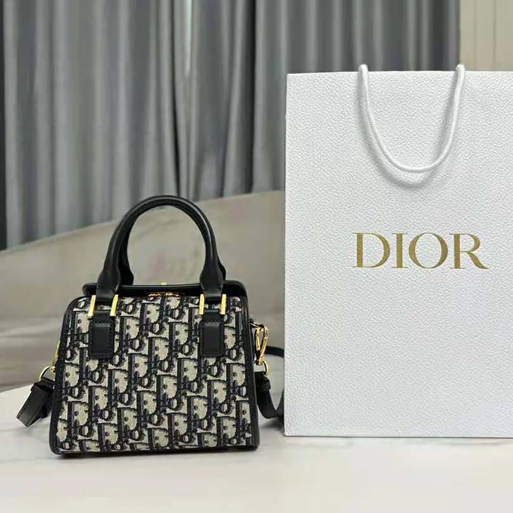 Dior Small Boston Bag Blue Dior Oblique Embroidery and Smooth Calfskin for Women Dior Small Boston Bag Blue Dior Oblique Embroidery and Smooth Calfskin for Women