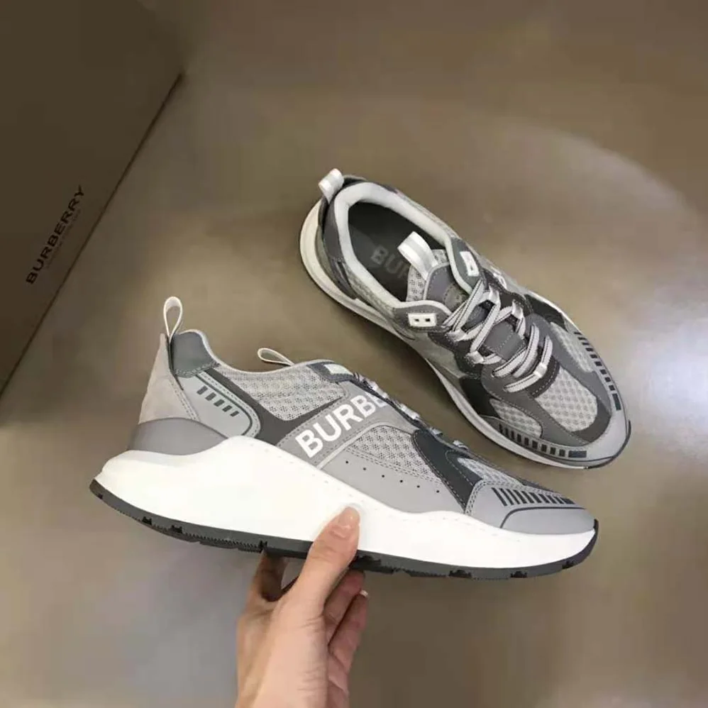 Burberry Logo Print Suede and Mesh Sneakers for Men in Silver