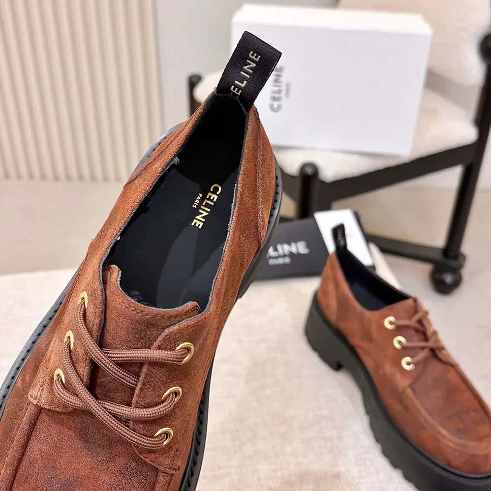 Celine Triomphe Derbies in Waxed Suede Calfskin for Women in Brown
