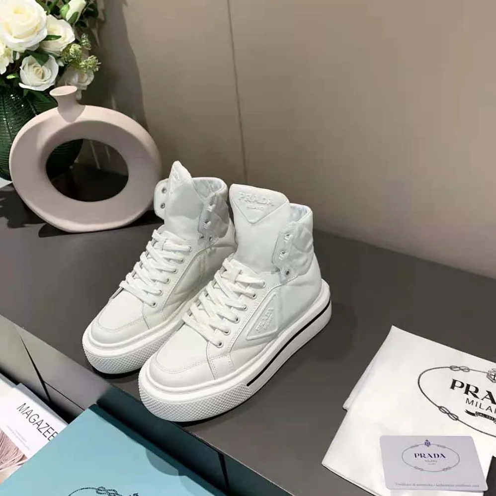 Prada Macro Re-Nylon and Brushed Leather High-top Sneakers for Women in White