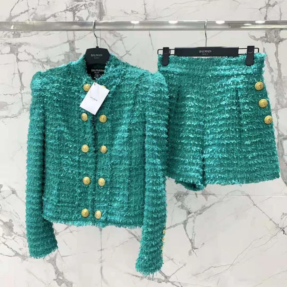 Balmain Flared Tweed Shorts for Women in Green