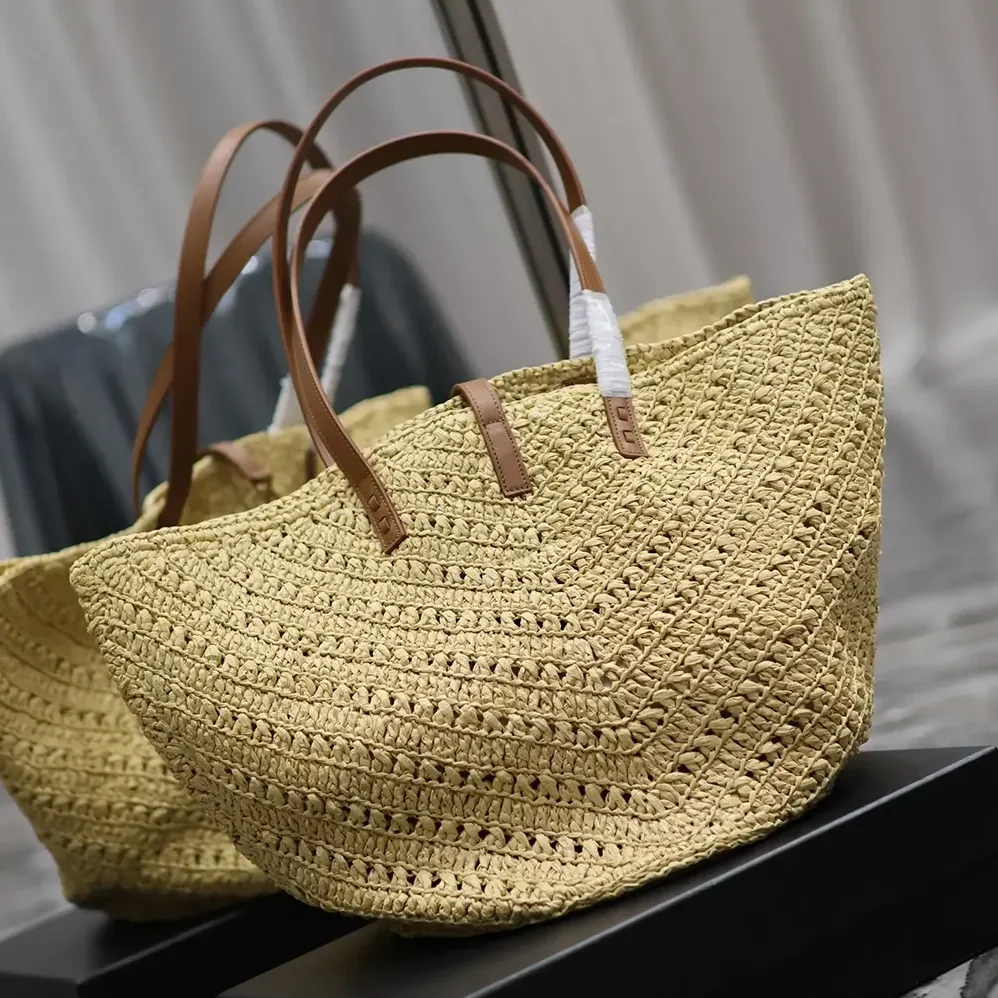 Saint Laurent YSL Panier Medium in Raffia and Vegetable for Women in tanned Leather Saint Laurent YSL Panier Medium in Raffia and Vegetable for Women in tanned Leather
