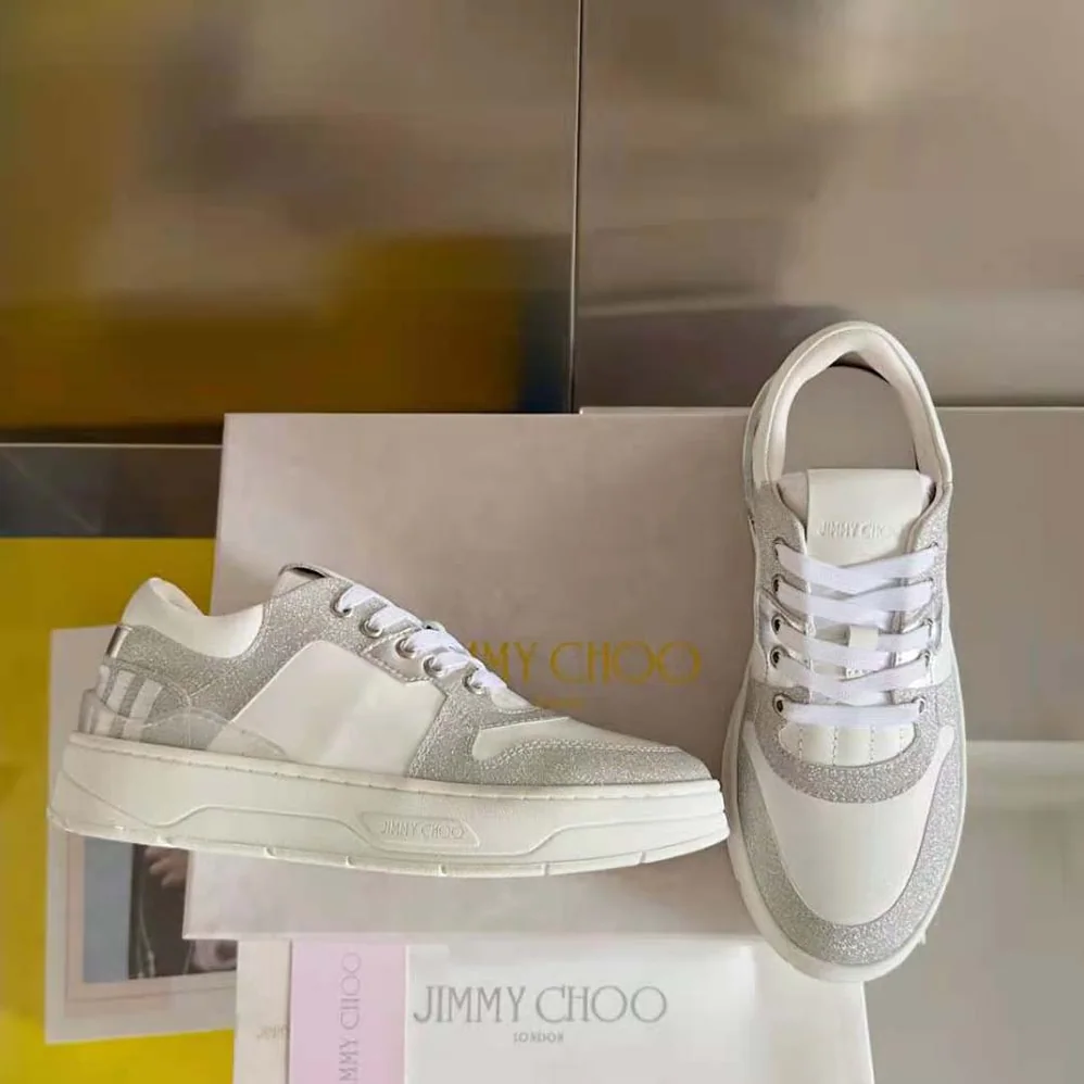 Jimmy Choo Florent/F White Leather Trainers with Glitter for Women