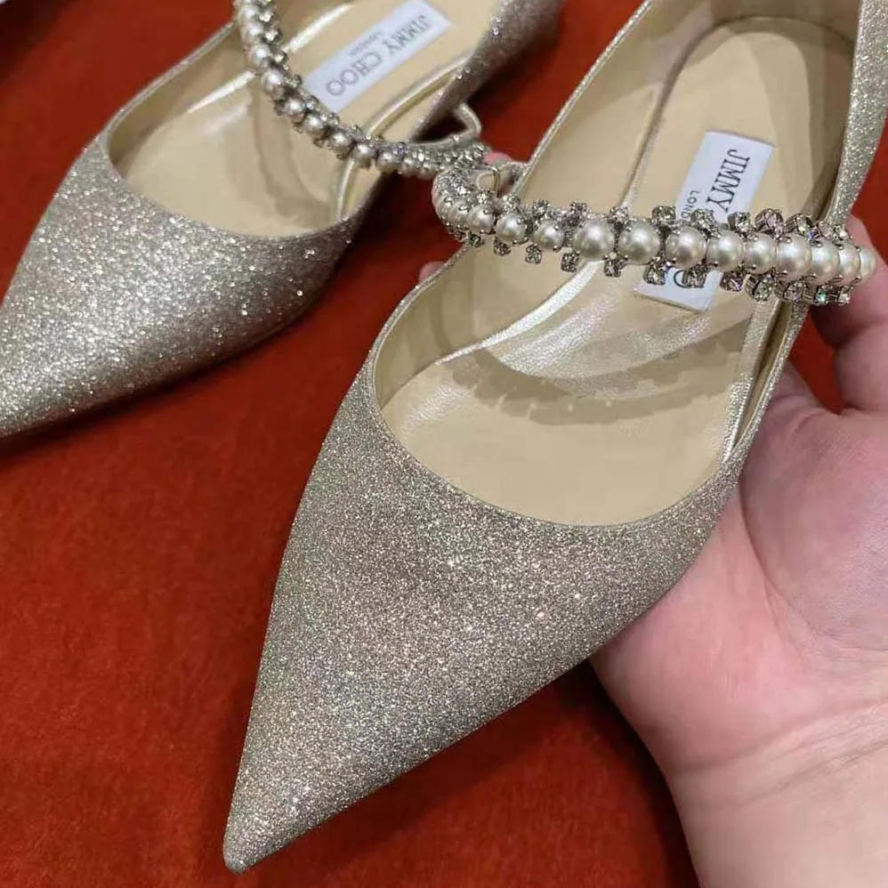 Jimmy Choo Baily Flat Platinum Ice Dusty Glitter Flats with Crystal and Pearl Strap for Women Jimmy Choo Baily Flat Platinum Ice Dusty Glitter Flats with Crystal and Pearl Strap for Women