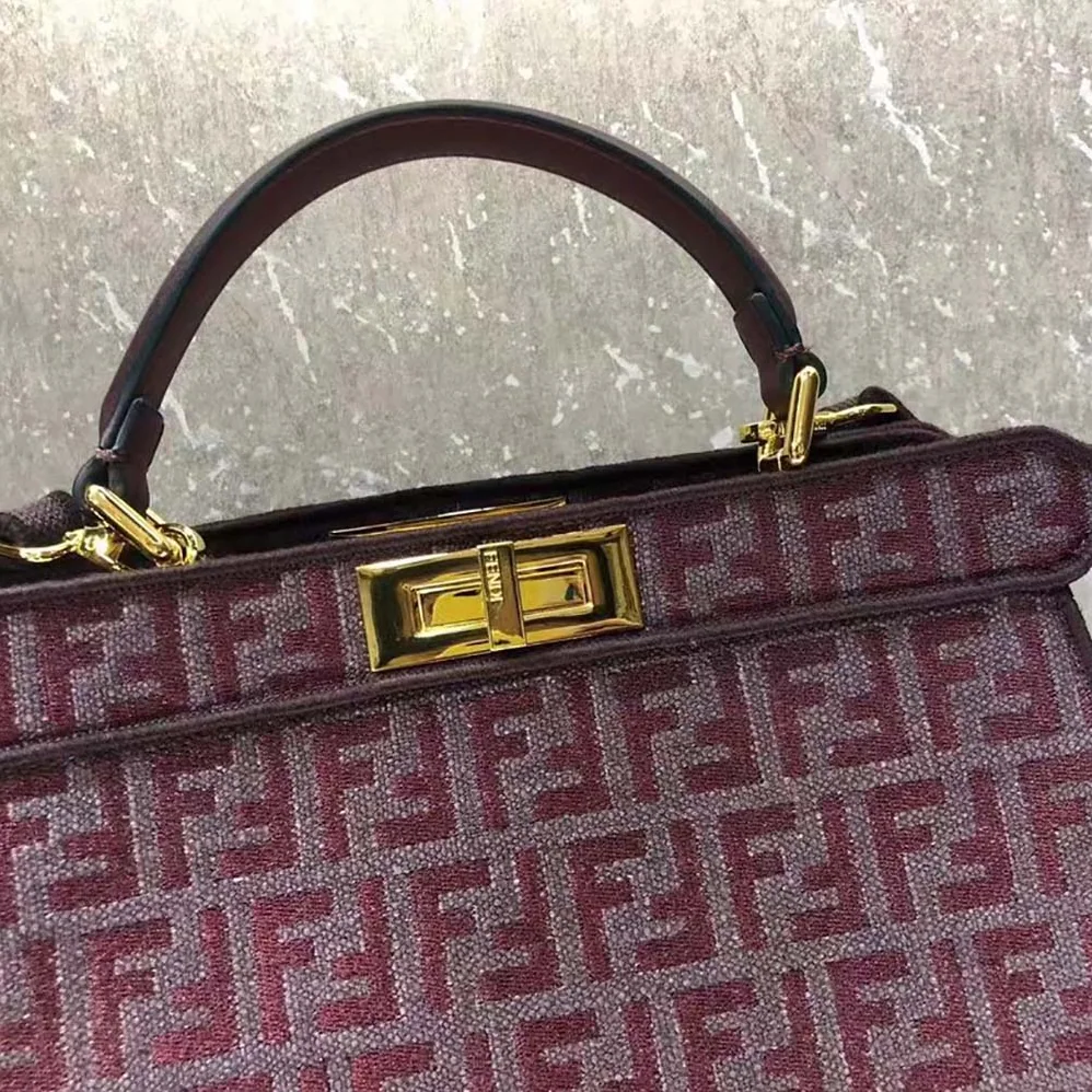 Fendi Peekaboo ISeeU Medium Maroon FF Tapestry Fabric Bag for Women Fendi Peekaboo ISeeU Medium Maroon FF Tapestry Fabric Bag for Women