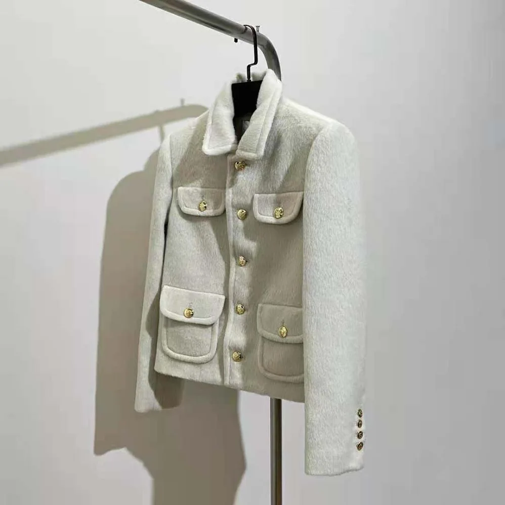 Celine Jacket with Claudine Collar in Wool Cloth for Women in Beige