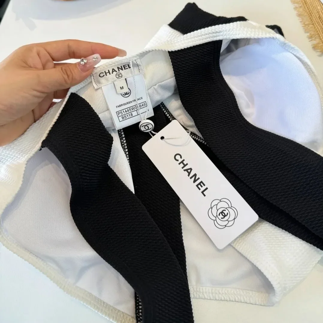 Chanel Color-Block Textured One in Piece Swimsuit Black/ White