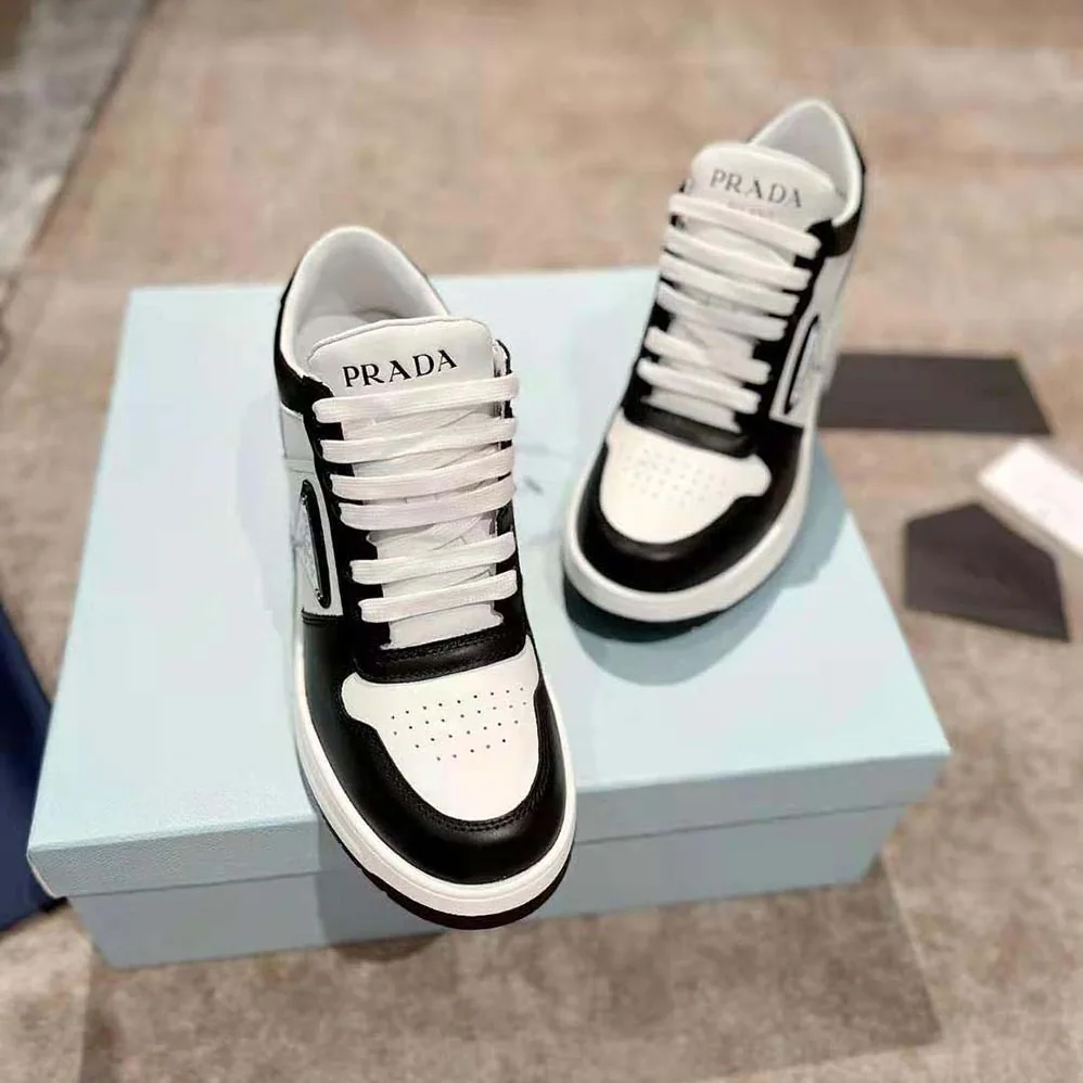 Prada Downtown High-Heeled Leather Sneakers for Women in Black