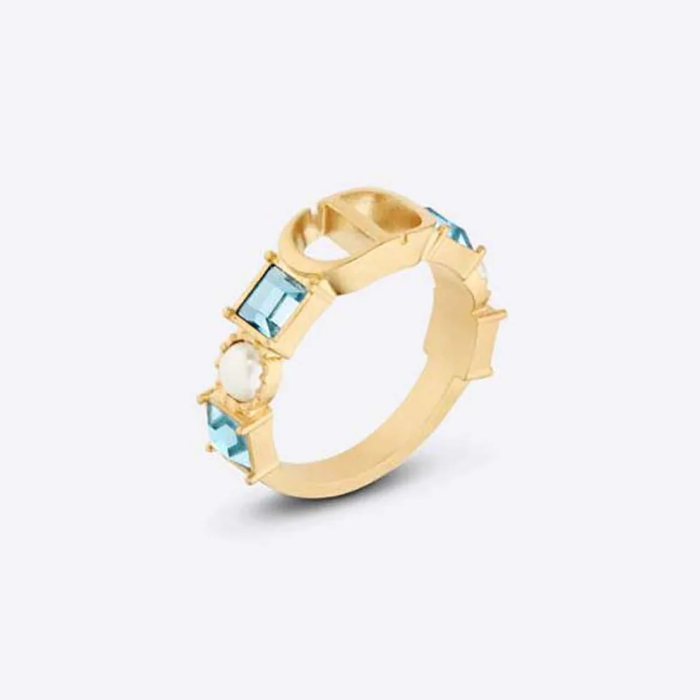 Dior Petit CD Ring Gold-Finish Metal with White Resin Pearls and Light Blue Crystals for Women Dior Petit CD Ring Gold-Finish Metal with White Resin Pearls and Light Blue Crystals for Women