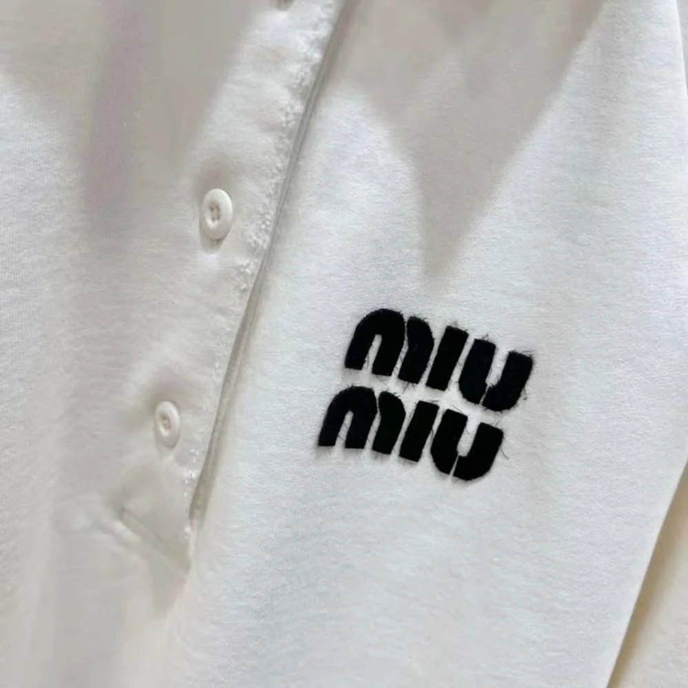 Miu Miu Cotton Polo Sweatshirt with Embroidered Logo for Women in White Miu Miu Cotton Polo Sweatshirt with Embroidered Logo for Women in White