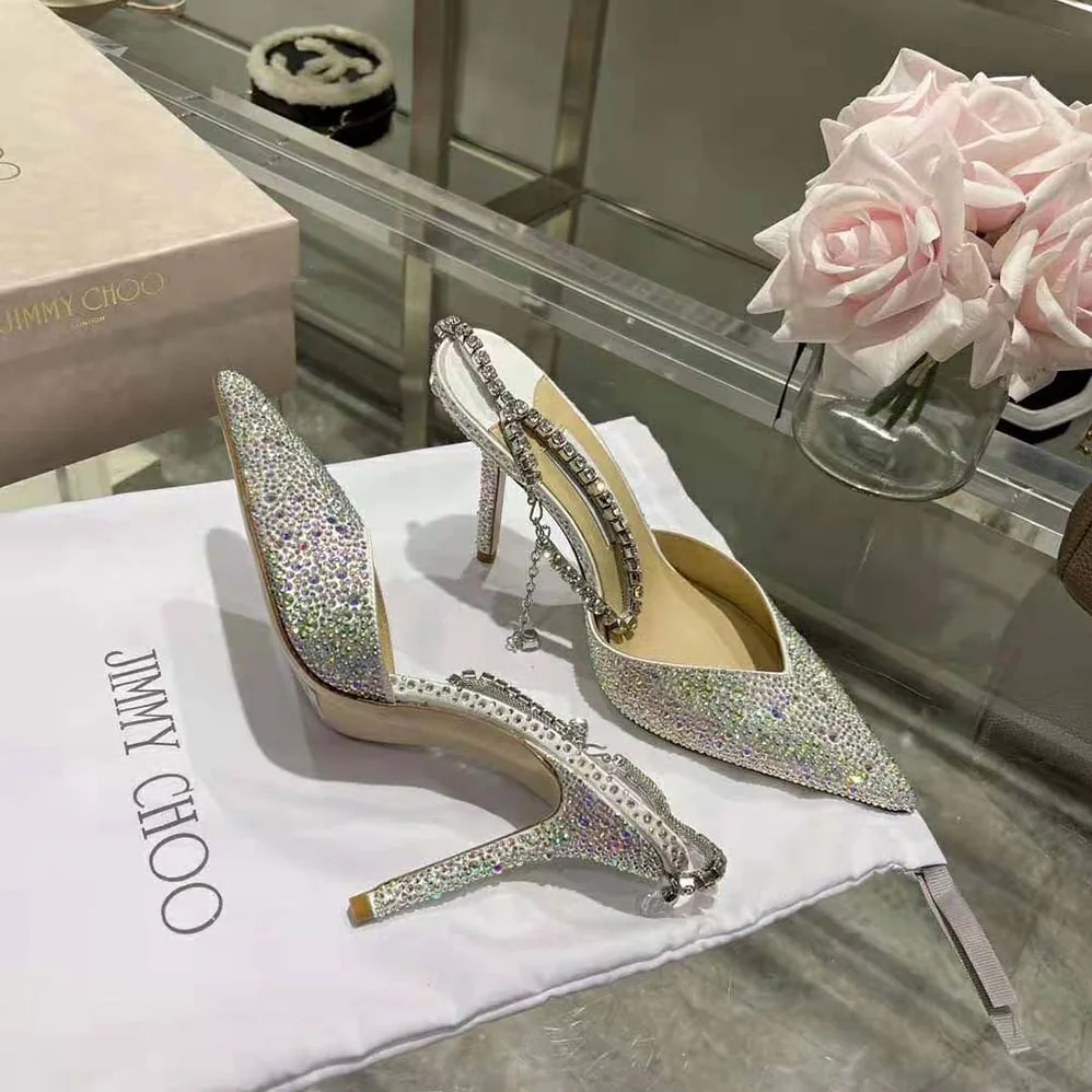 Jimmy Choo Saeda 100 Ivory Satin Pumps with Crystal Embellishment for Women