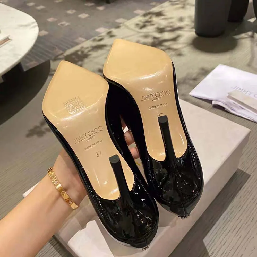 Jimmy Choo Love 100 Black Patent Leather Point-Toe Pumps with JC Emblem for Women Jimmy Choo Love 100 Black Patent Leather Point-Toe Pumps with JC Emblem for Women