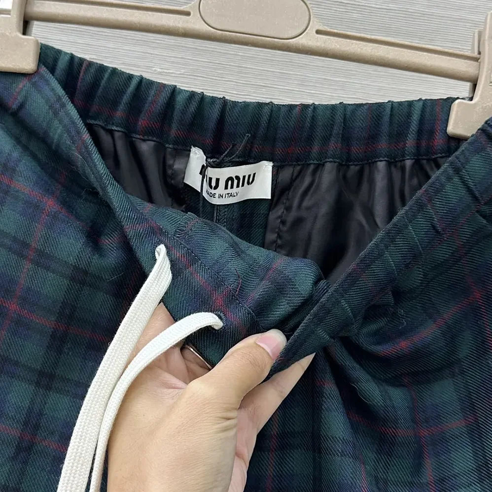 Miu Miu Plaid Pants with Embroidered Logo for Women Miu Miu Plaid Pants with Embroidered Logo for Women