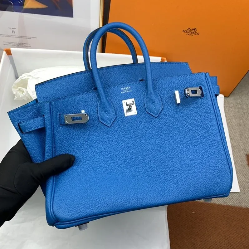 Hermes Birkin Top Handle Bag / Nata Togo Leather Blue Silver Hardware