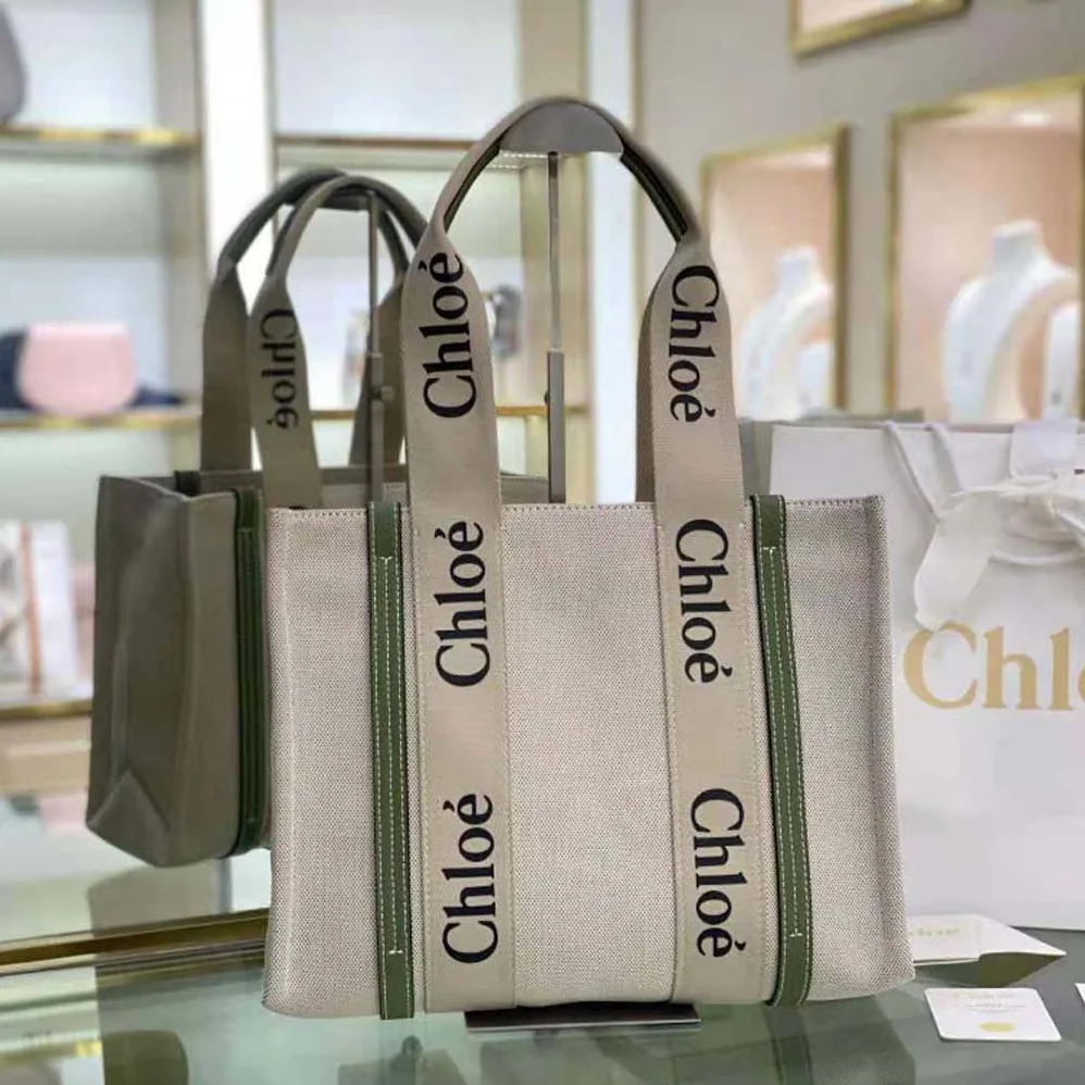 Chloe Medium Woody Tote Bag in Cotton for Women in Green Chloe Medium Woody Tote Bag in Cotton for Women in Green