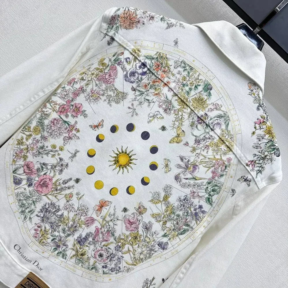 Dior Jacket White Cotton Denim with Multicolor Dior Astral Flowers Motif for Women Dior Jacket White Cotton Denim with Multicolor Dior Astral Flowers Motif for Women