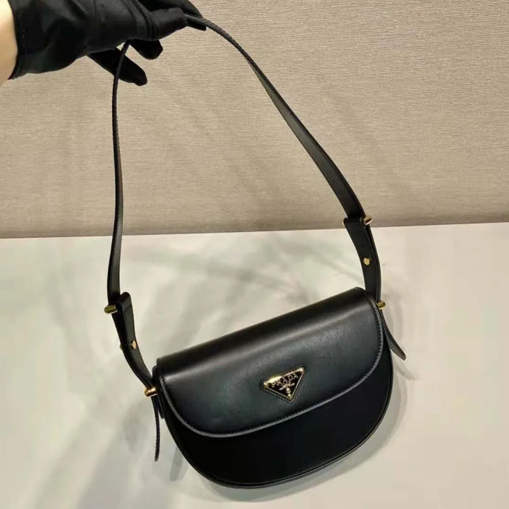 Prada Arqué Leather Shoulder Bag with Flap for Women in Black Prada Arqué Leather Shoulder Bag with Flap for Women in Black