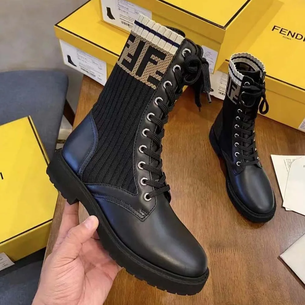 Fendi Rockoko Black Leather Biker Boots with Stretch Fabric for Women Fendi Rockoko Black Leather Biker Boots with Stretch Fabric for Women