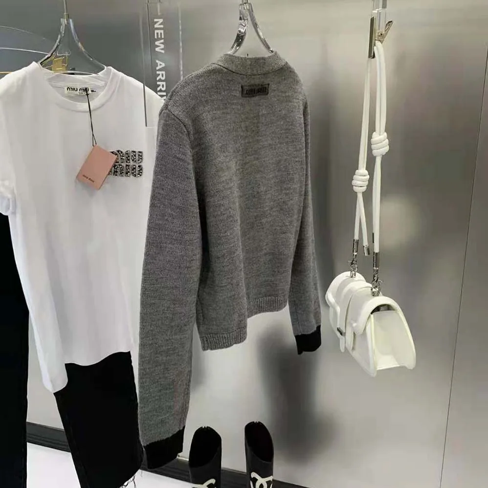 Miu Miu Cashmere Cardigan with Knit Logo Patch for Women in Gray