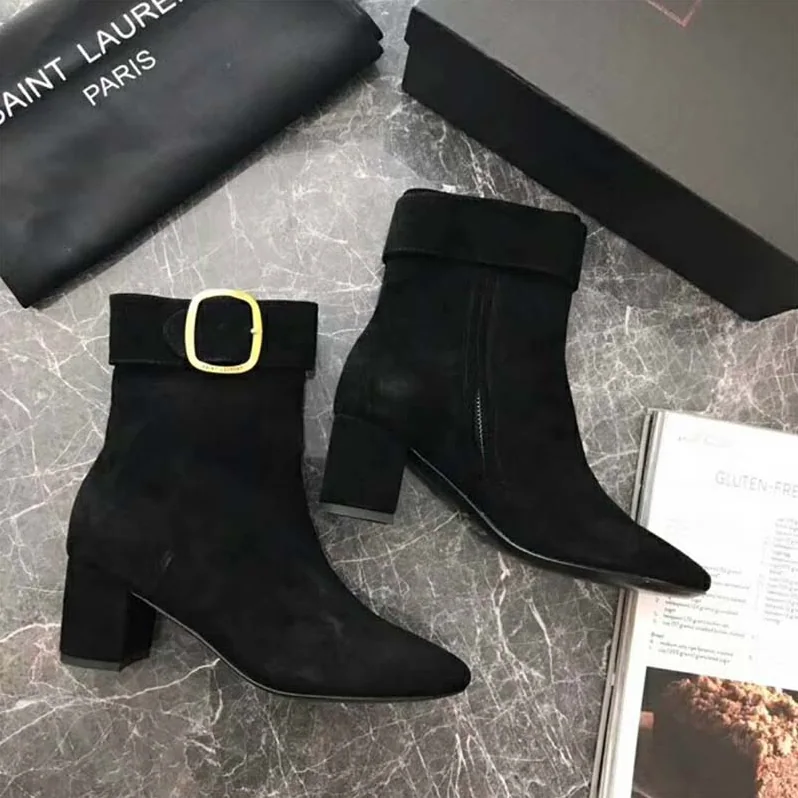 Saint Laurent YSL Shoes Joplin Buckle Bootie in Suede for Women in Black