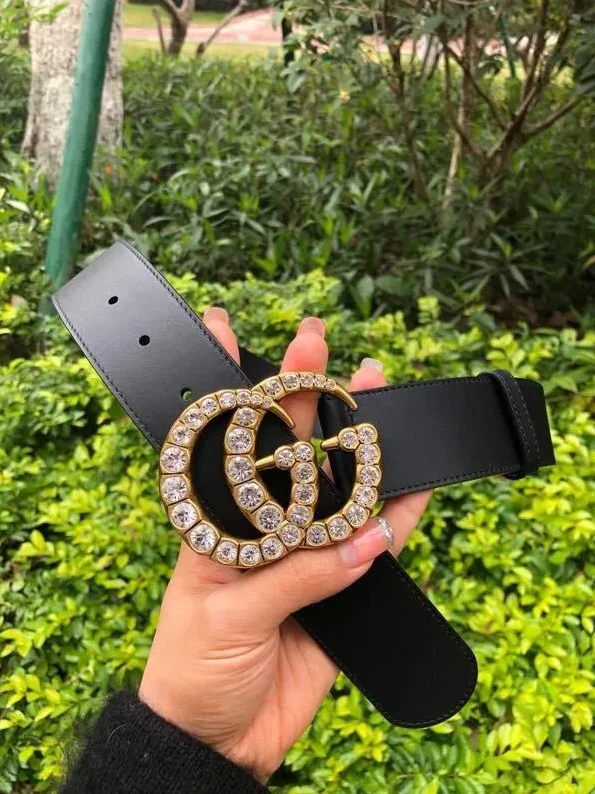 Gucci Belt With Double G Crystals Buckle Black