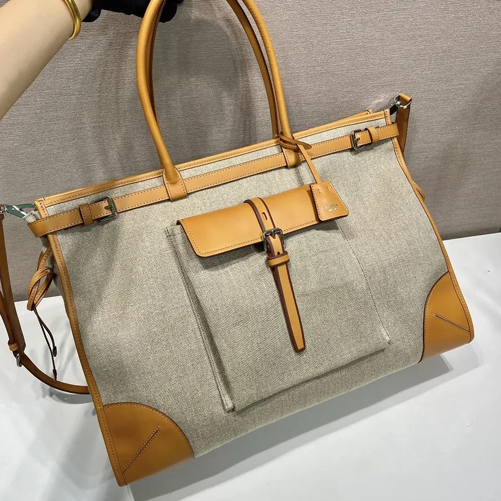 Prada Bonnie Linen and Leather Tote Bag for Unisex Prada Bonnie Linen and Leather Tote Bag for Unisex
