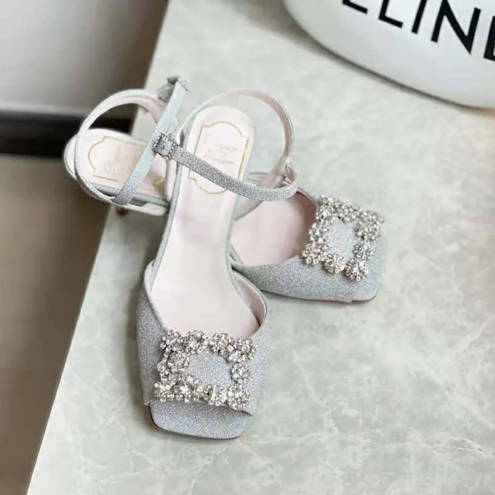 Roger Vivier Flower Strass Buckle Sandals in Satin for Women in Silver Roger Vivier Flower Strass Buckle Sandals in Satin for Women in Silver